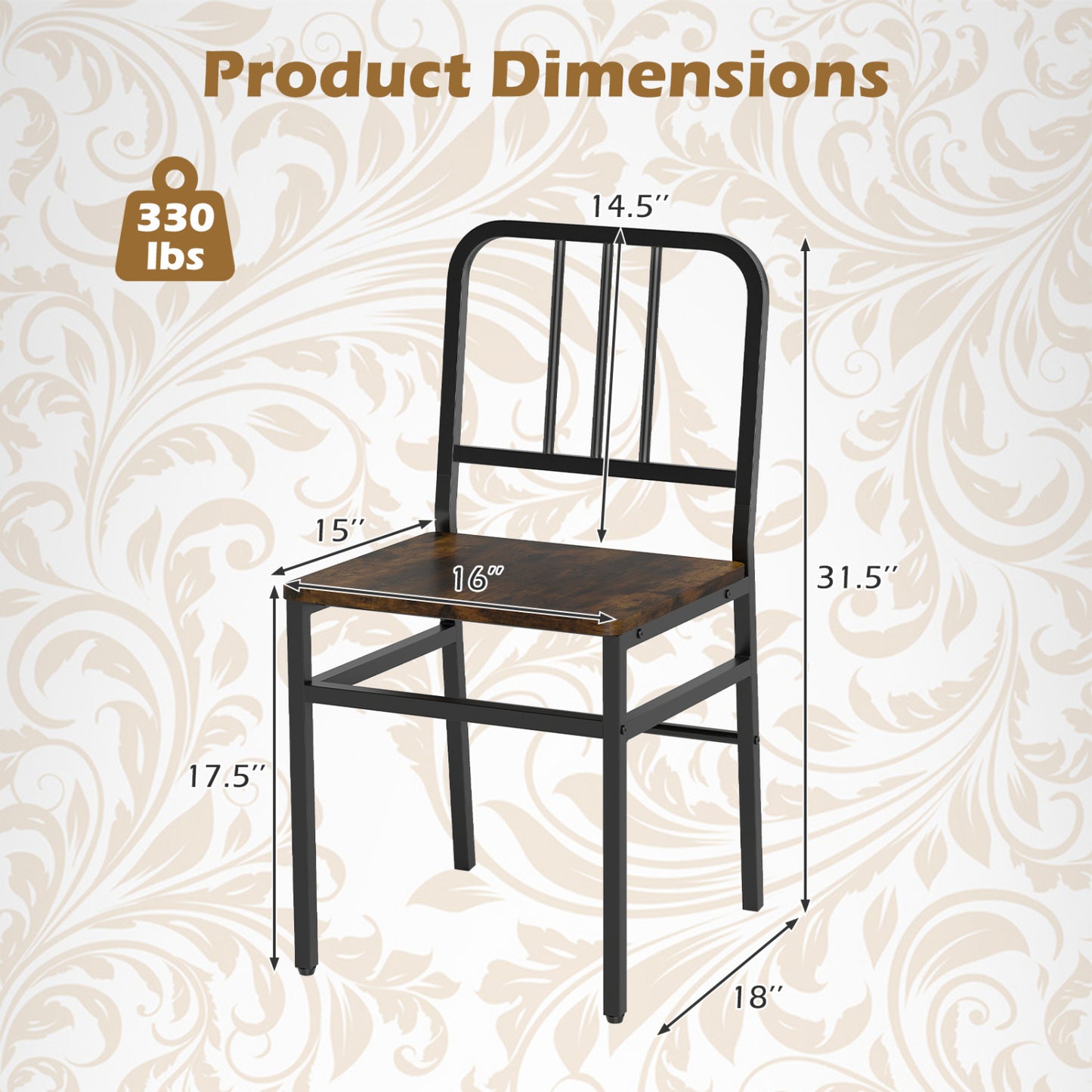 Dining Chairs Set of 4 with Slatted Backrest & Metal Frame and Wooden Seat-Gray