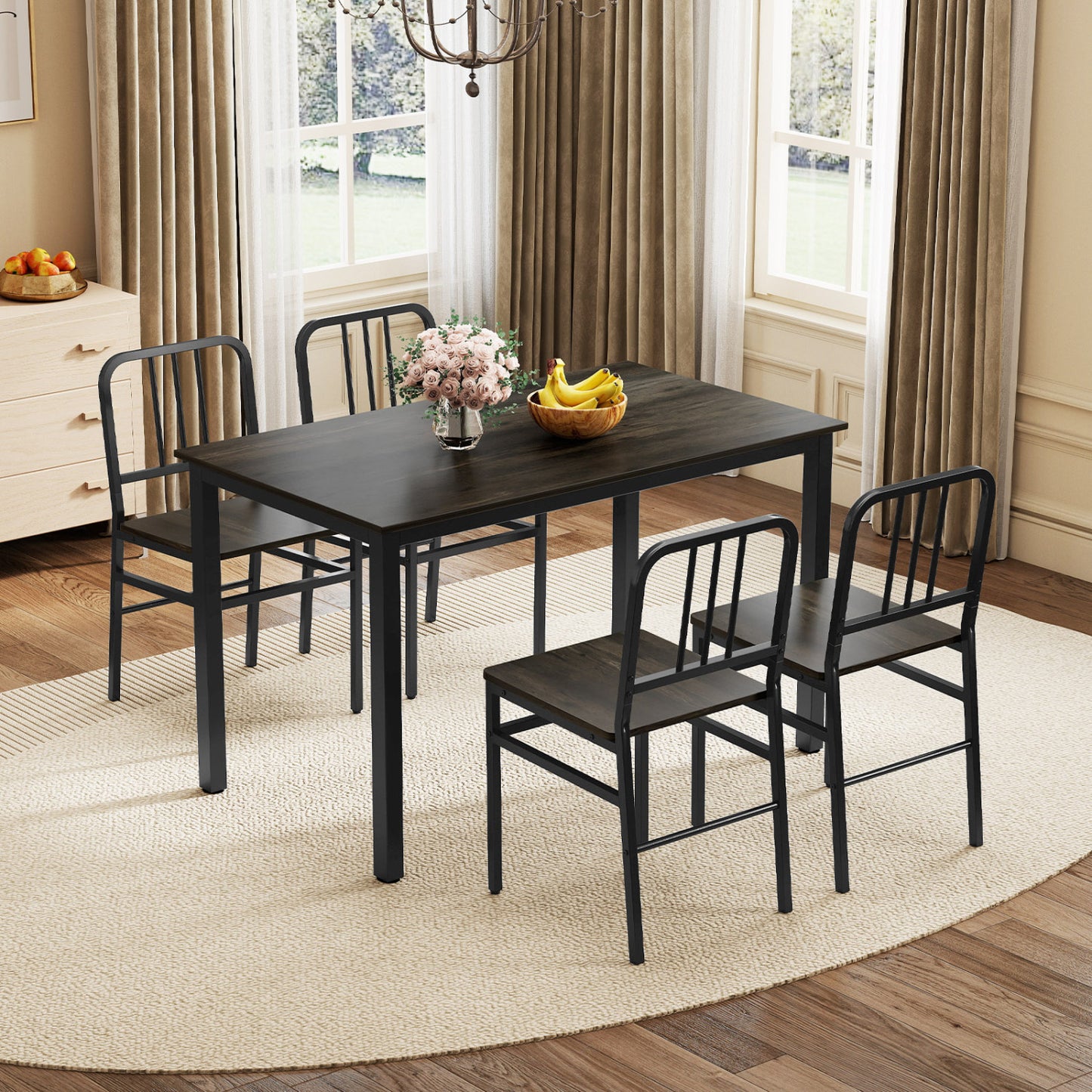 Dining Chairs Set of 4 with Slatted Backrest & Metal Frame and Wooden Seat-Gray
