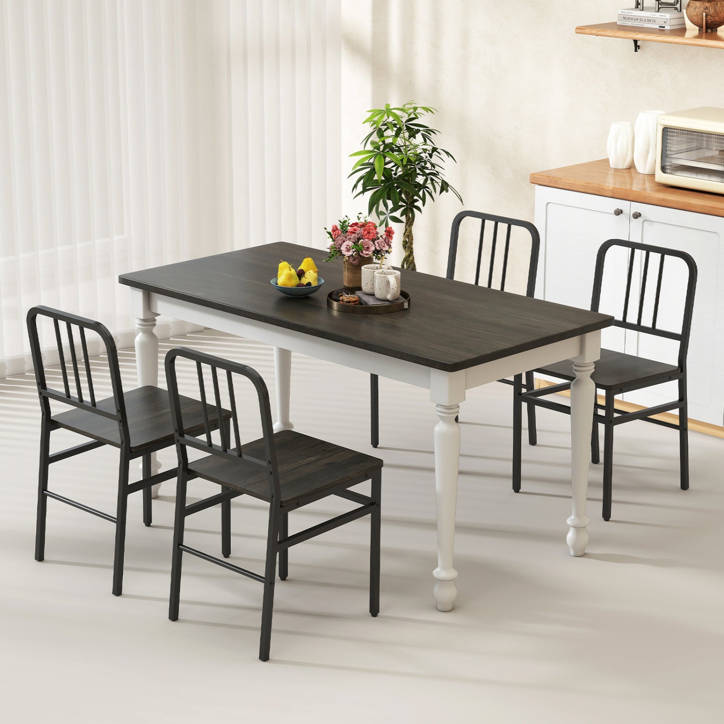Dining Chairs Set of 4 with Slatted Backrest & Metal Frame and Wooden Seat-Gray