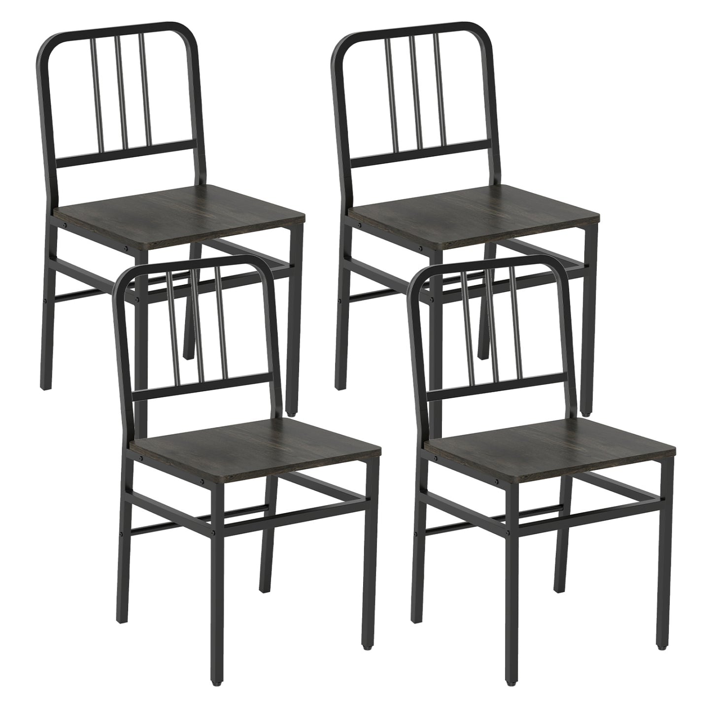 Dining Chairs Set of 4 with Slatted Backrest & Metal Frame and Wooden Seat-Gray