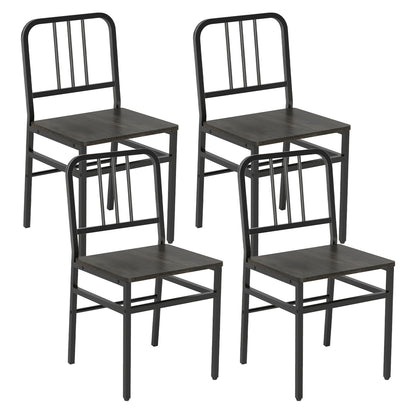 Dining Chairs Set of 4 with Slatted Backrest & Metal Frame and Wooden Seat-Gray
