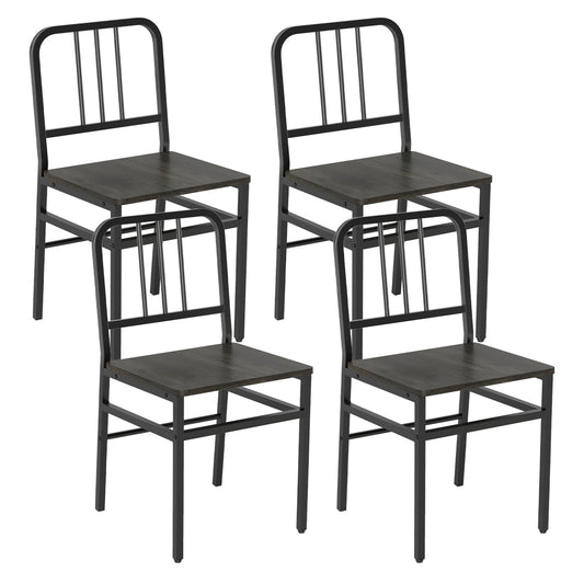 Set of 4 gray dining chairs with slatted backrests, wooden seats, and metal frames, ideal for kitchen and dining room furniture.