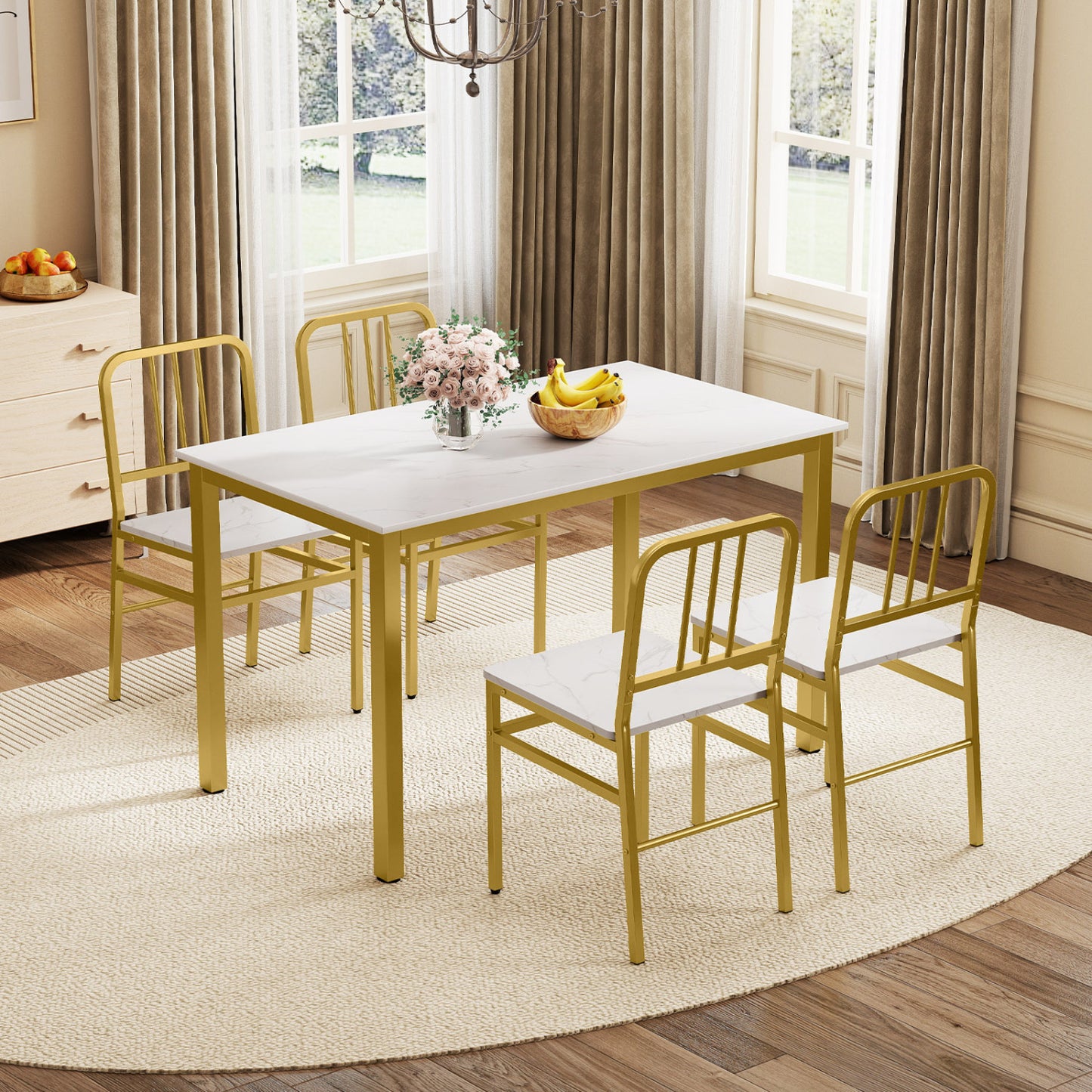 Dining Chairs Set of 4 with Slatted Backrest & Metal Frame and Wooden Seat-Gray
