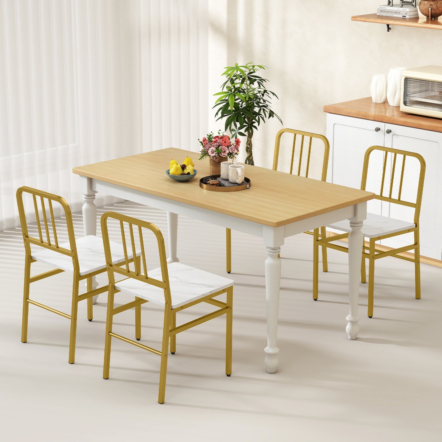 Dining Chairs Set of 4 with Slatted Backrest & Metal Frame and Wooden Seat-Gray