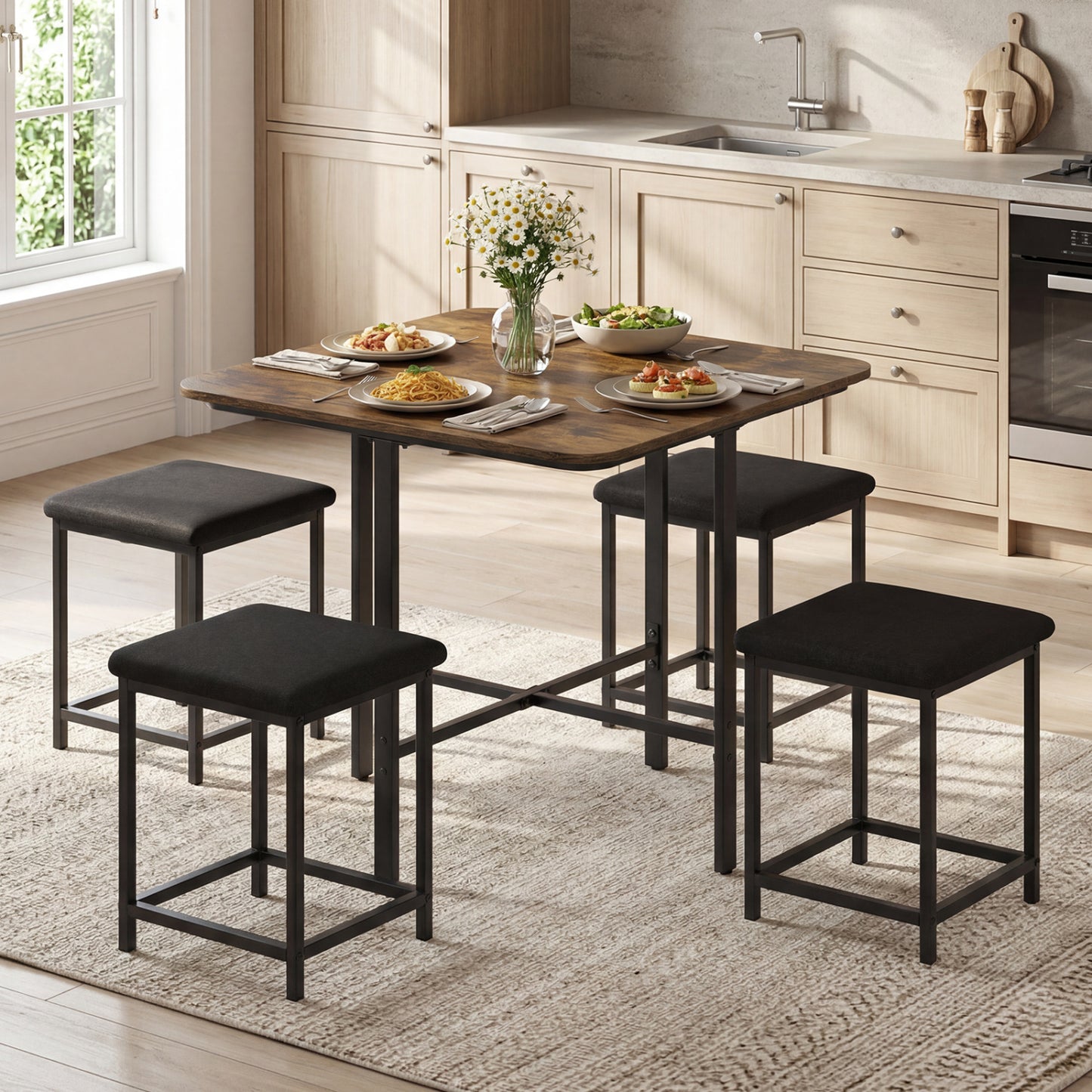 Natural wood dining table set with four upholstered stools and metal frames, perfect for a stylish kitchen or dining room.