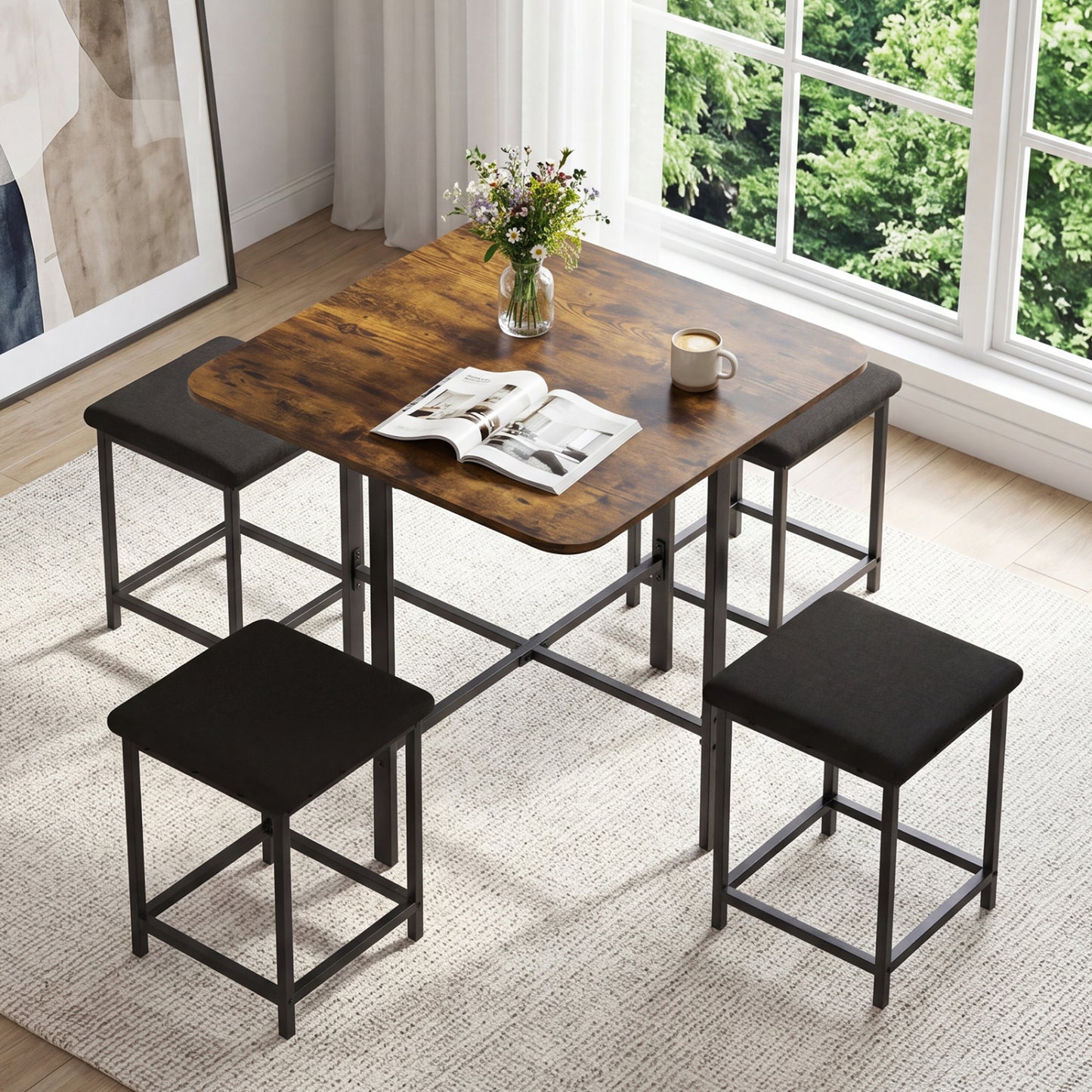 Wooden dining table set with 4 upholstered stools and metal frame, natural finish, modern kitchen and dining room furniture.
