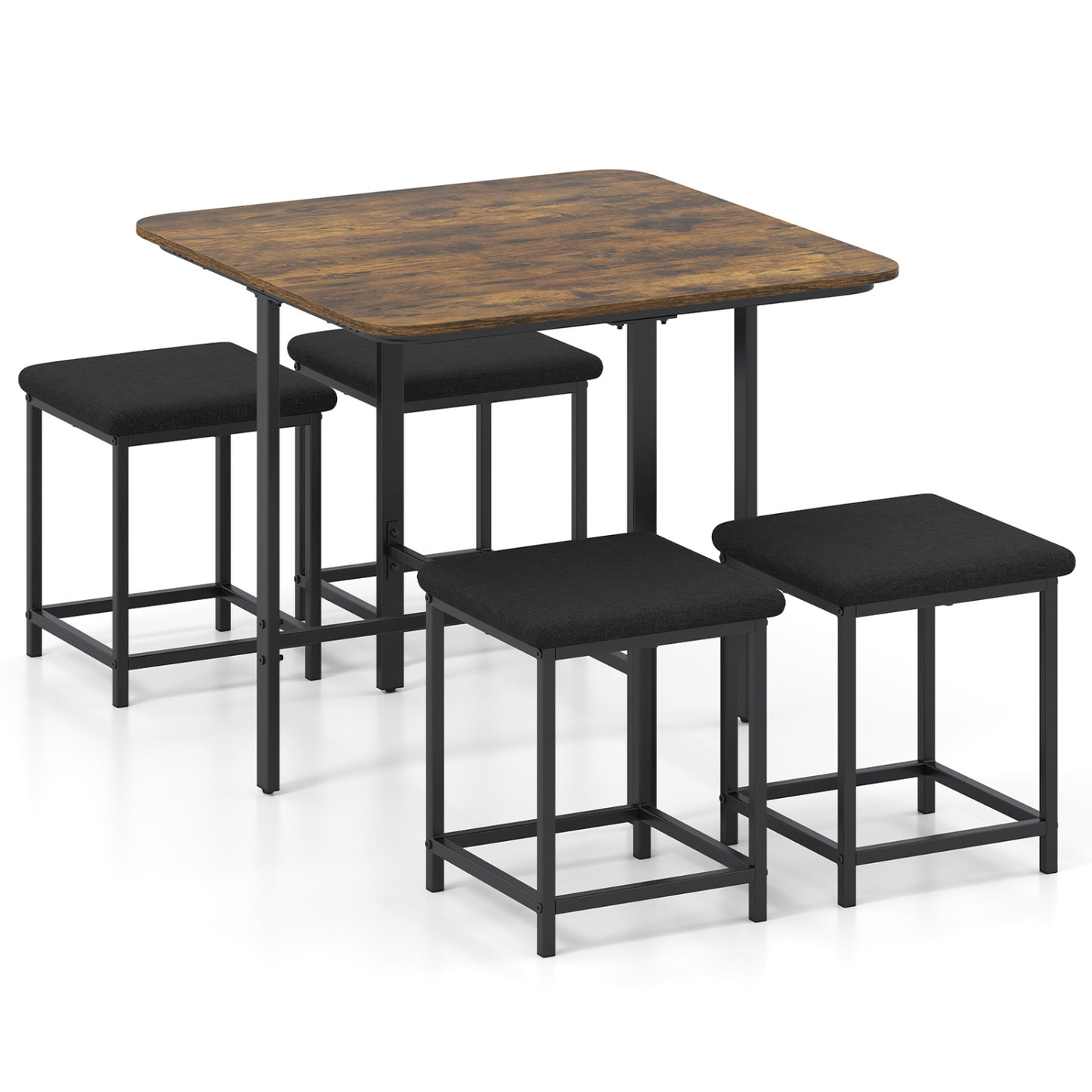 Wooden dining table set with four upholstered stools and metal frame, natural finish, modern kitchen and dining furniture.