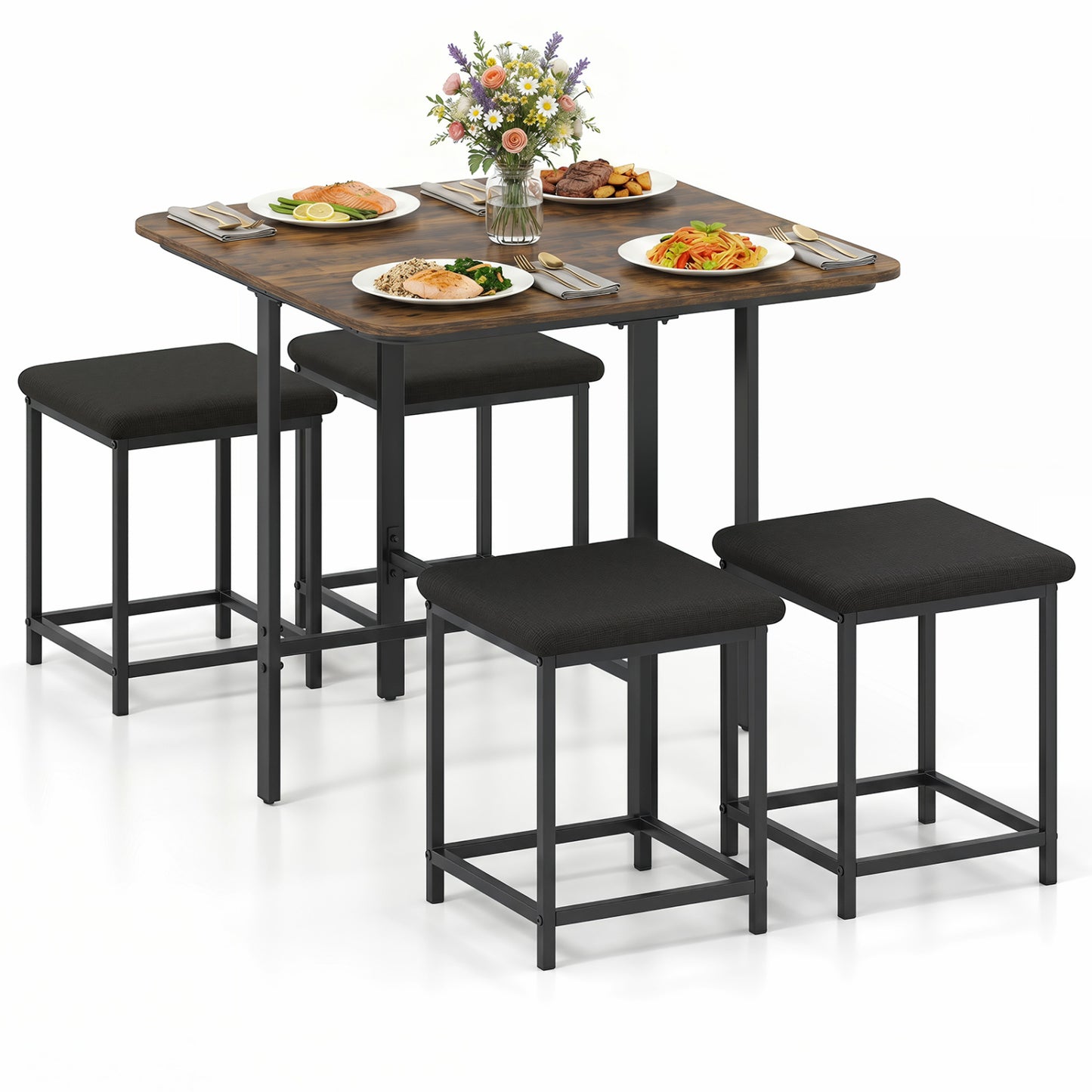 Natural wood dining table set with 4 upholstered stools and metal frame, perfect for kitchen and dining room decor.