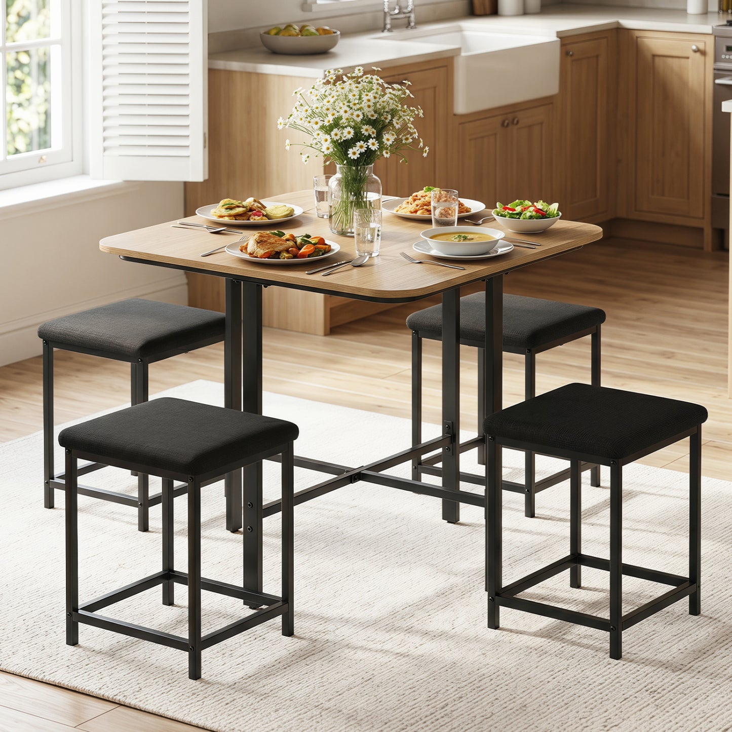 Wooden dining table set with metal frame, includes 4 upholstered stools, natural finish, modern kitchen and dining furniture.