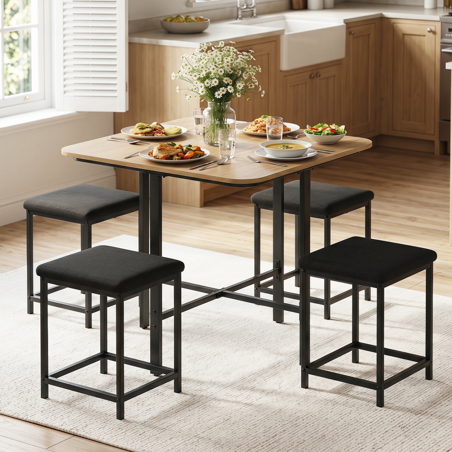 Wooden dining table set with metal frame, includes 4 upholstered stools, natural finish, modern kitchen and dining furniture.