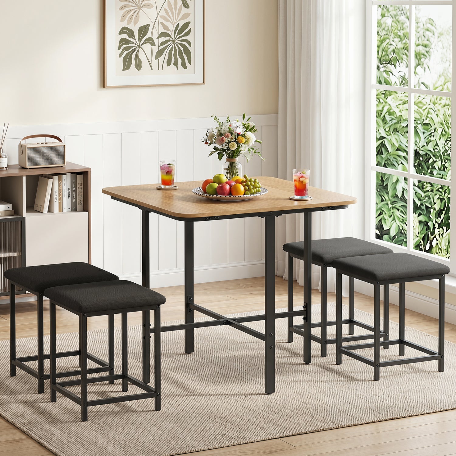 Wooden dining table set with four upholstered stools and metal frame, natural finish, modern kitchen and dining furniture.