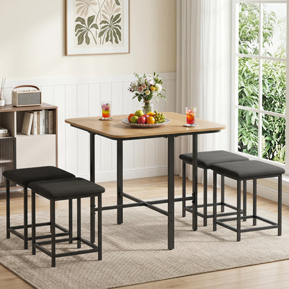 Wooden dining table set with four upholstered stools and metal frame, natural finish, modern kitchen and dining furniture.