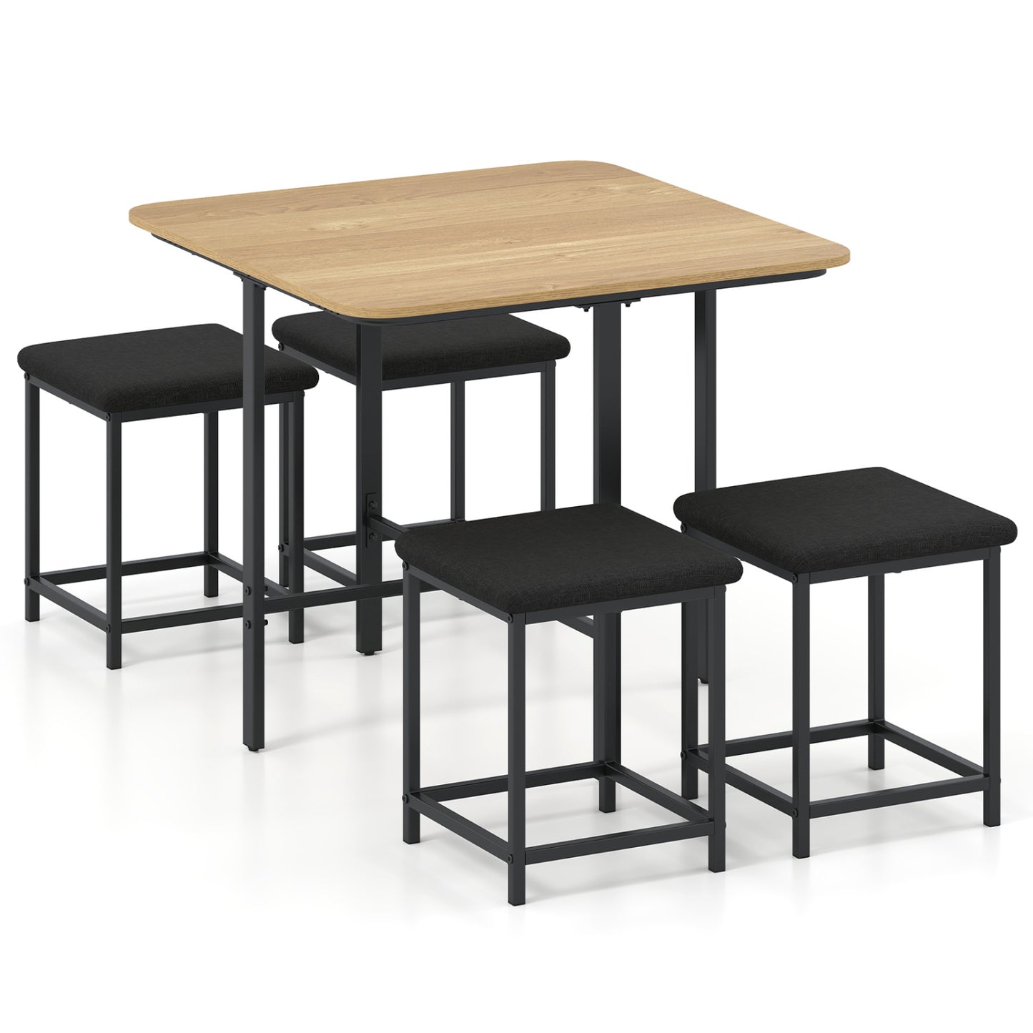 Wood dining table set with four upholstered stools and metal frame, natural finish, perfect for kitchen or dining room.