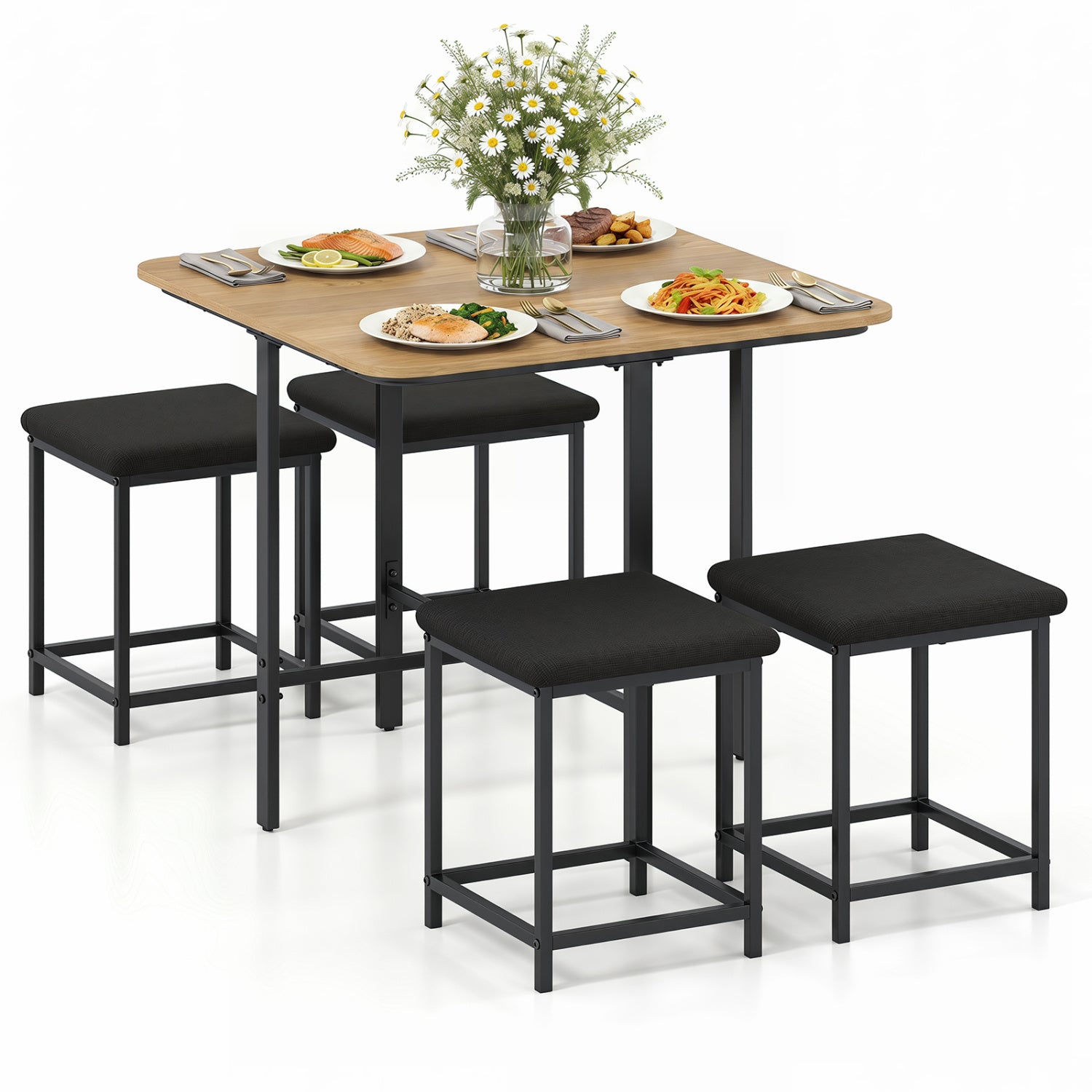Natural dining table set with four upholstered stools and metal frame, featuring a modern design for kitchen or dining room.