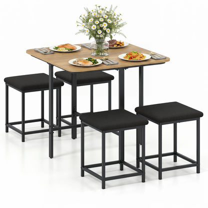 Natural dining table set with four upholstered stools and metal frame, featuring a modern design for kitchen or dining room.
