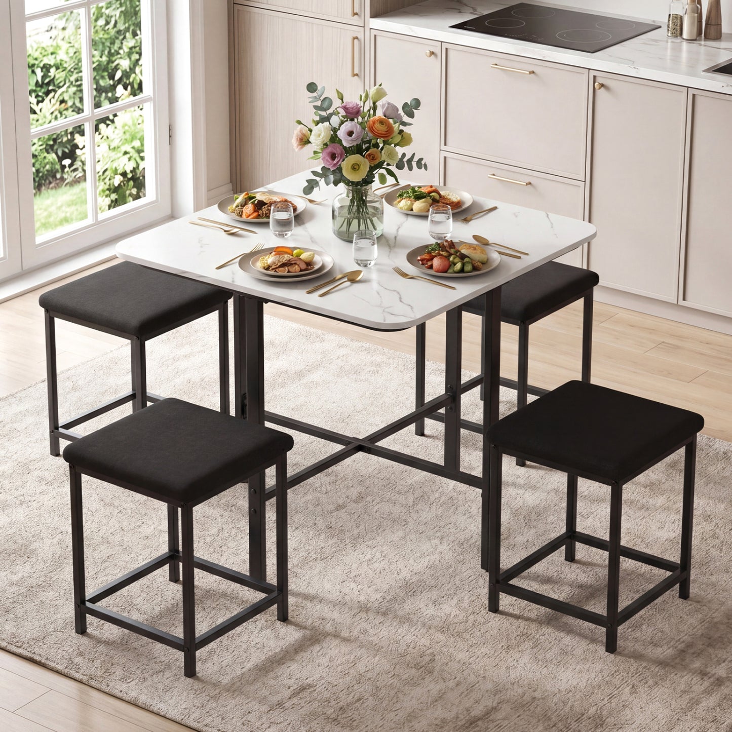 Natural dining table set with 4 upholstered stools and metal frame, featuring a sleek, modern design for kitchen and dining rooms.
