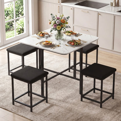 Natural dining table set with 4 upholstered stools and metal frame, featuring a sleek, modern design for kitchen and dining rooms.