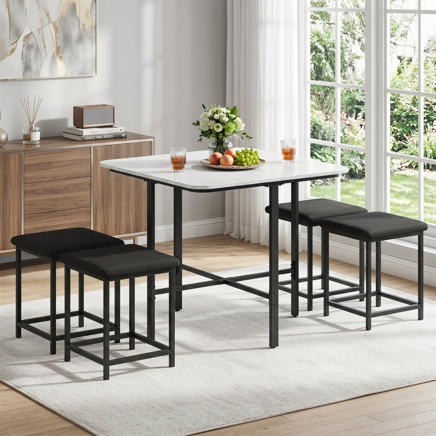 Natural wood dining table set with four upholstered stools and metal frame, ideal for contemporary kitchen and dining rooms.