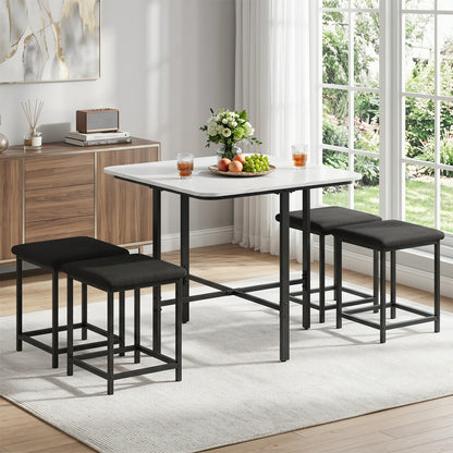 Natural wood dining table set with four upholstered stools and metal frame, ideal for contemporary kitchen and dining rooms.