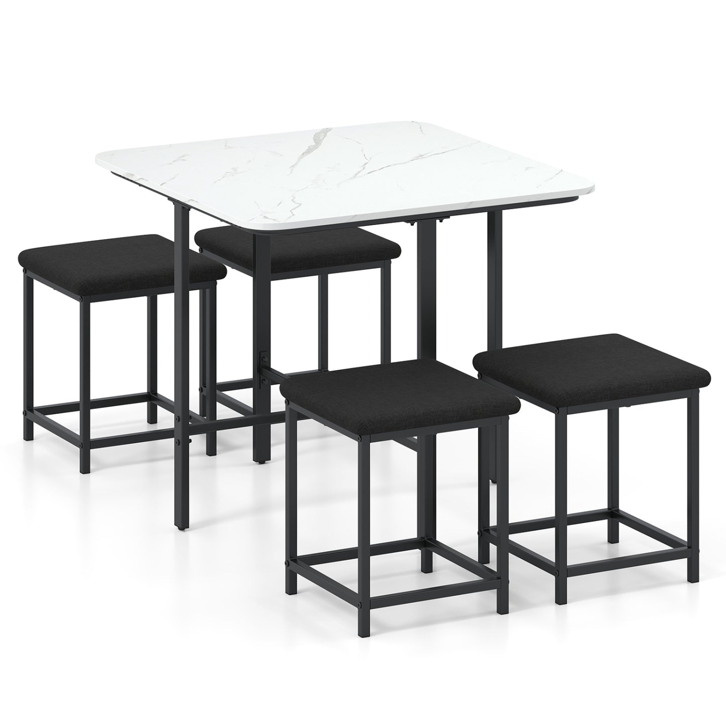 Modern dining table set with four upholstered stools and metal frame, natural wood finish, perfect for kitchen or dining room.