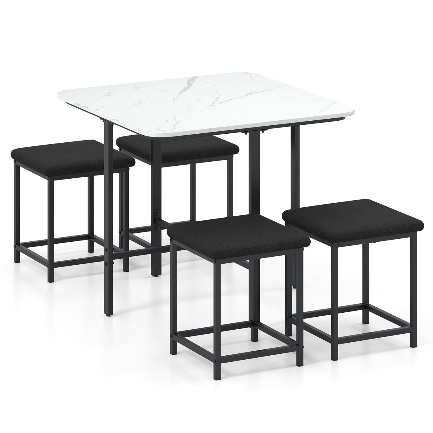 Modern dining table set with four upholstered stools and metal frame, natural wood finish, perfect for kitchen or dining room.