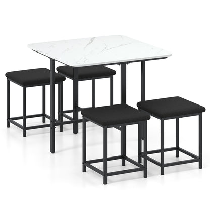 Modern dining table set with four upholstered stools and metal frame, natural wood finish, perfect for kitchen or dining room.
