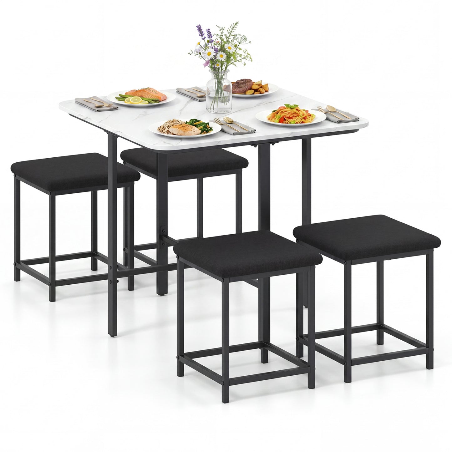 Wooden dining table set with four upholstered stools and metal frame, natural finish, ideal for modern kitchen and dining room.