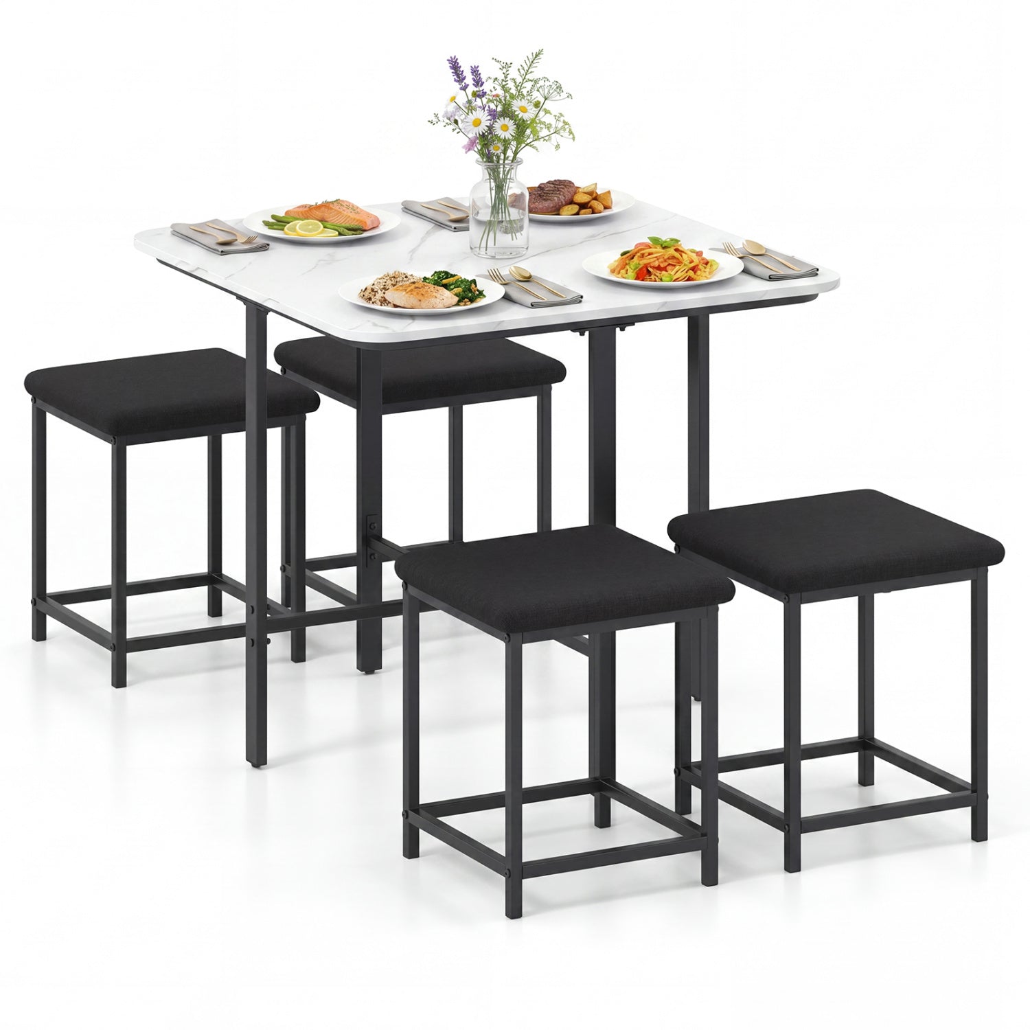 Wooden dining table set with four upholstered stools and metal frame, natural finish, ideal for modern kitchen and dining room.