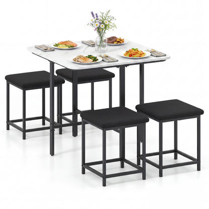 Wooden dining table set with four upholstered stools and metal frame, natural finish, ideal for modern kitchen and dining room.