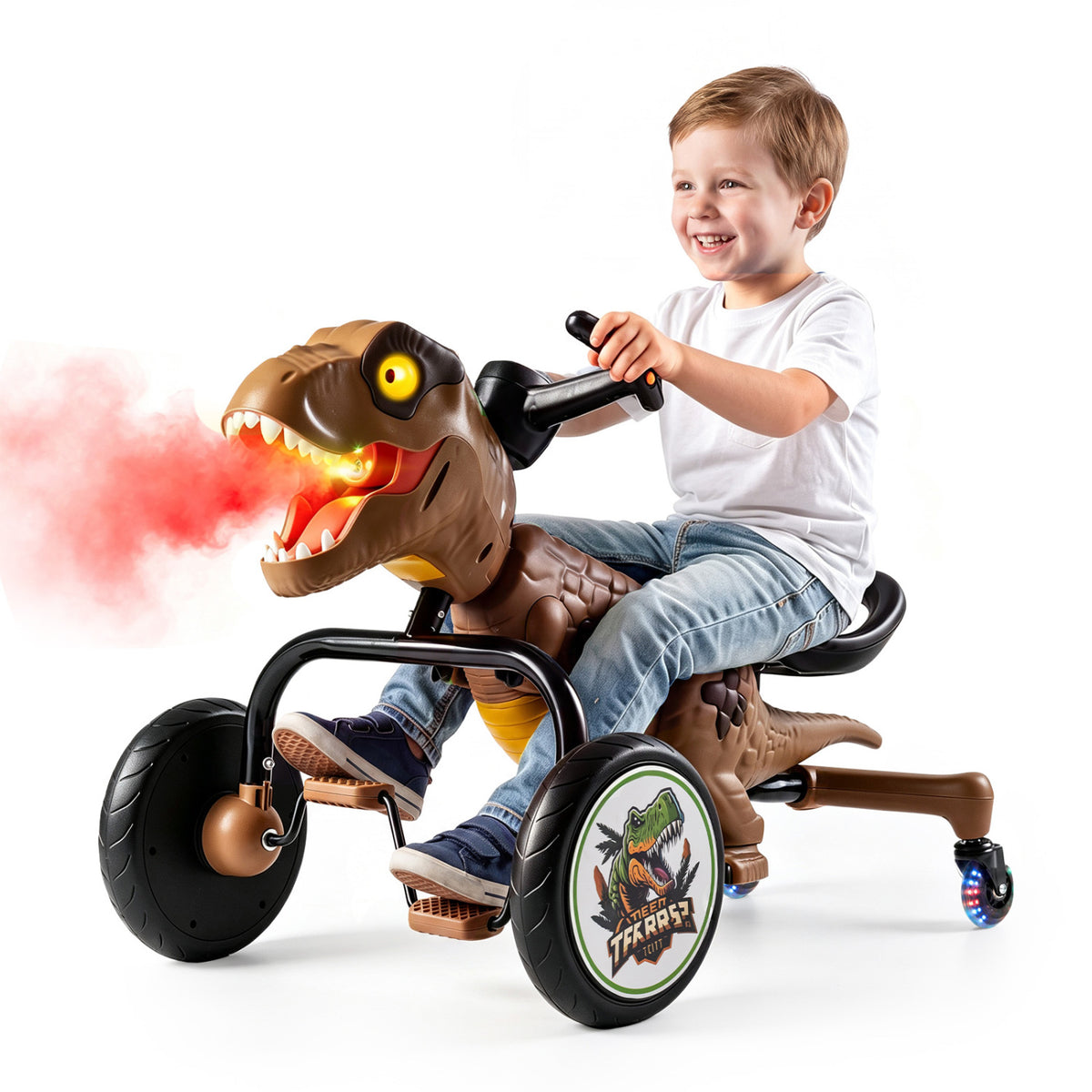 Dinosaur Drift Tricycle with Lights and Spray and 360-Degree Spin Mode-Brown