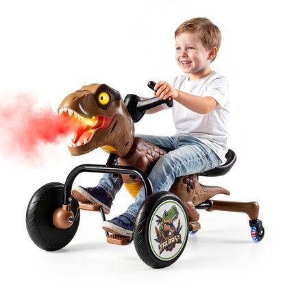 Dinosaur Drift Tricycle with Lights and Spray and 360-Degree Spin Mode-Brown