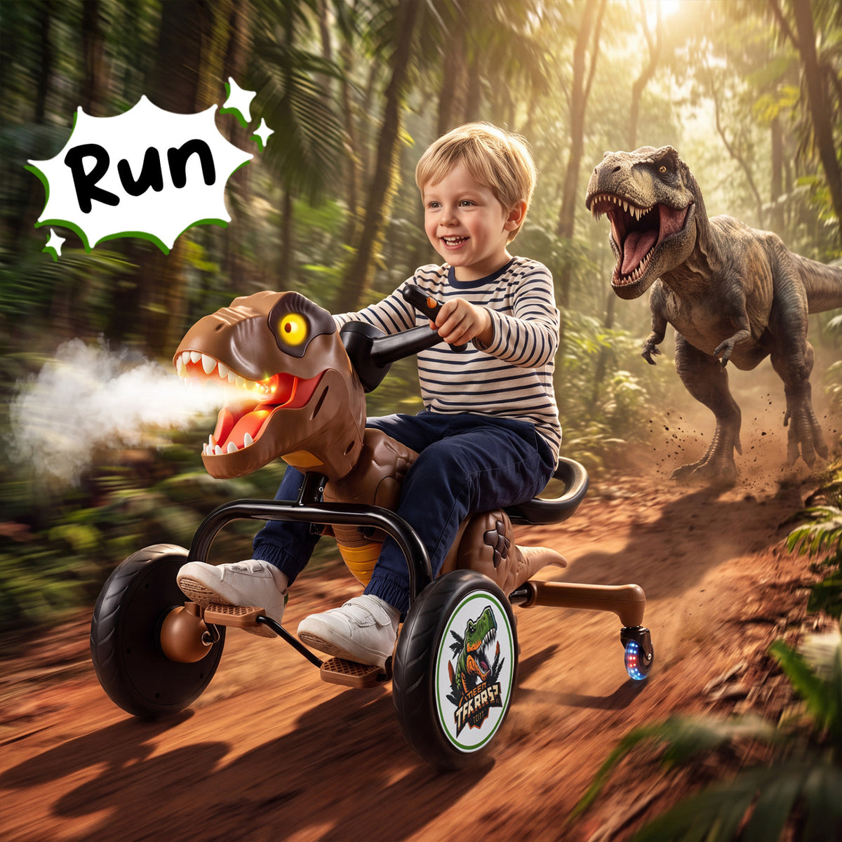Dinosaur Drift Tricycle with Lights and Spray and 360-Degree Spin Mode-Brown