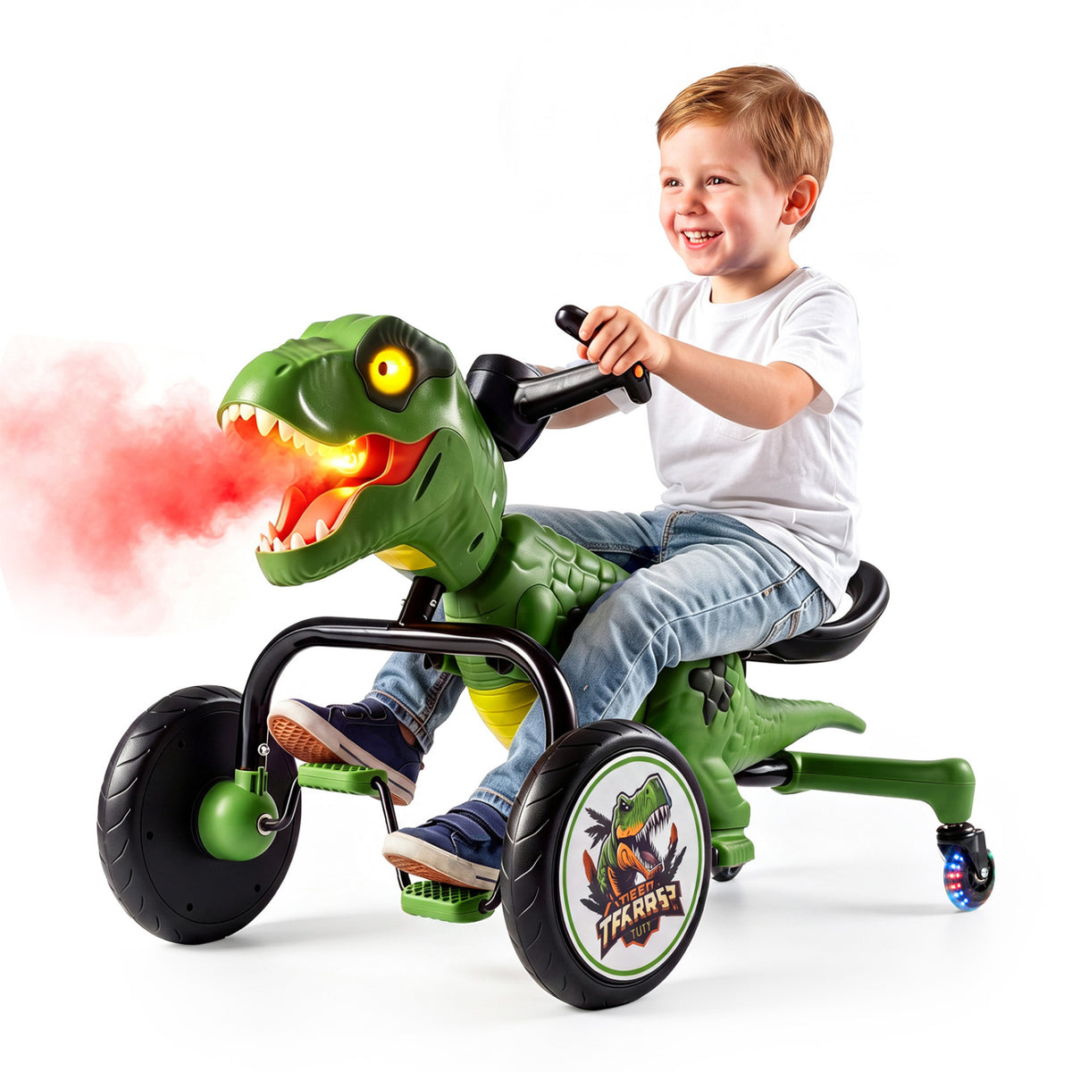 Dinosaur Drift Tricycle with Lights and Spray and 360-Degree Spin Mode-Brown