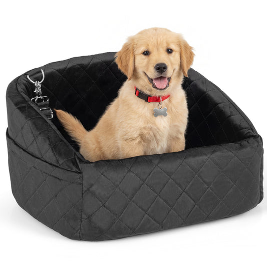 Black dog car seat for small and medium pets with safety straps, soft booster seat for comfortable travel.