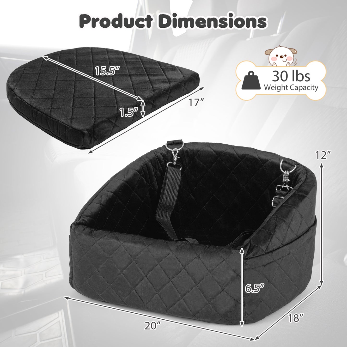 Dog Car Seat for Small and Medium Pets Soft Travel Dog Booster Seat with Safety Straps-Black