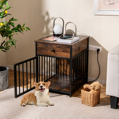 Dog Crate Furniture for Small Dogs Wooden Puppy Kennel with Charging Station-Rustic Brown