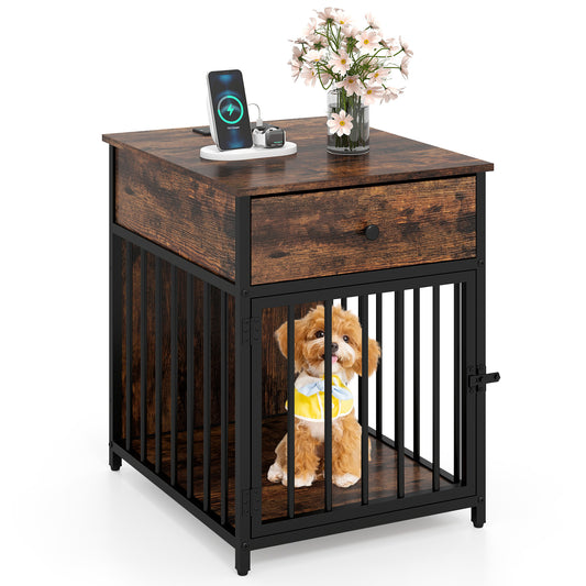 Dog Crate Furniture for Small Dogs Wooden Puppy Kennel with Charging Station-Rustic Brown