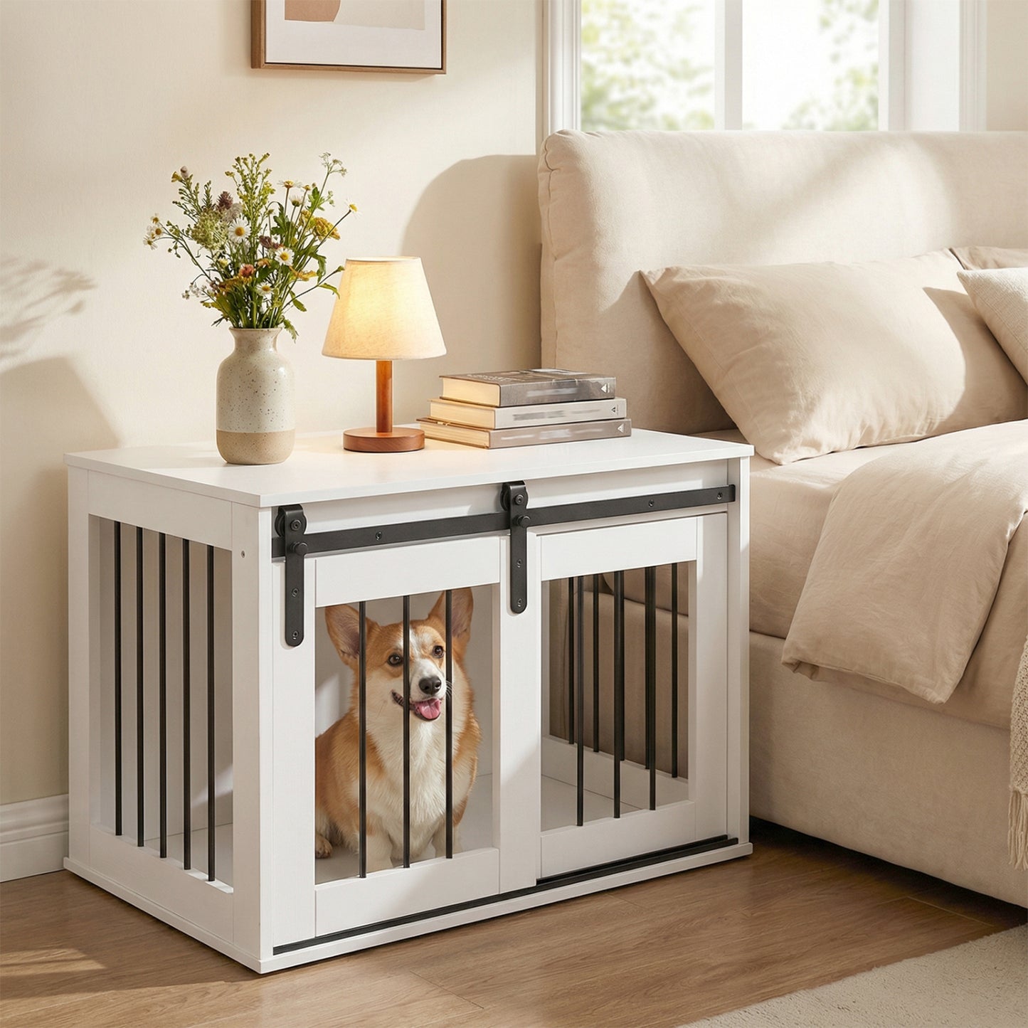 Dog Crate Furniture Heavy Duty Dog Kennel with Sliding Barn Door-Gray