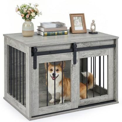 Dog Crate Furniture Heavy Duty Dog Kennel with Sliding Barn Door-Gray