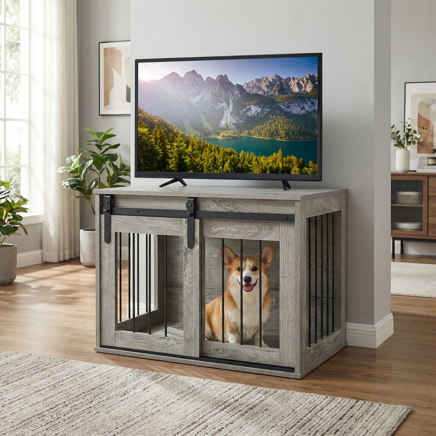 Dog Crate Furniture Heavy Duty Dog Kennel with Sliding Barn Door-Gray