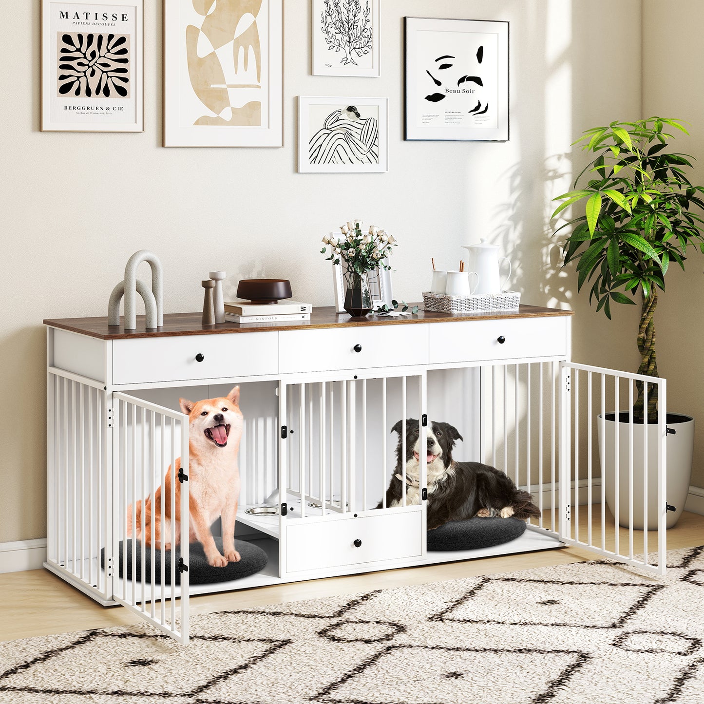 Dog Crate Furniture Indoor Modern Dog Kennel with Divider 3 Drawers and Pull-out Feeder-Black