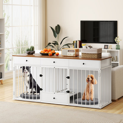 Dog Crate Furniture Indoor Modern Dog Kennel with Divider 3 Drawers and Pull-out Feeder-Black
