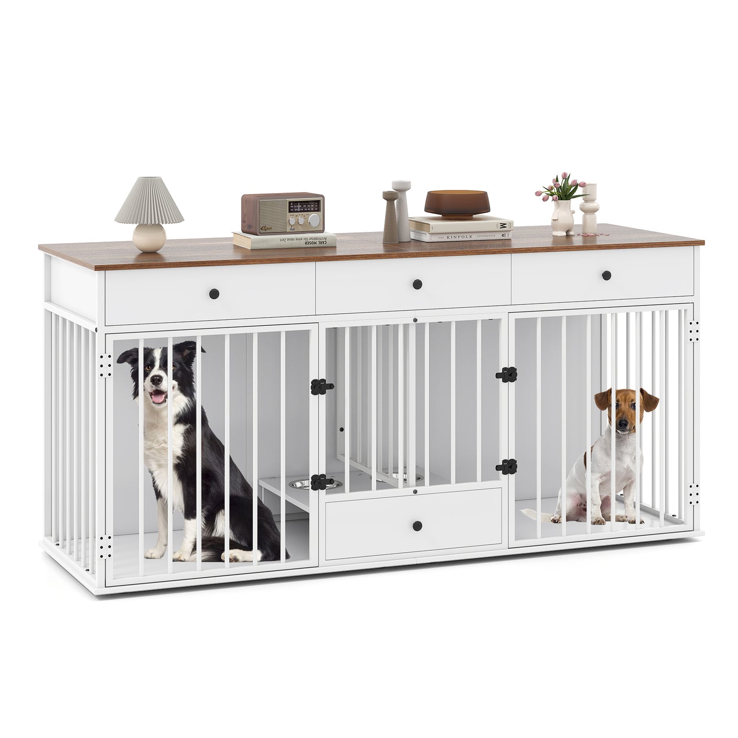 Dog Crate Furniture Indoor Modern Dog Kennel with Divider 3 Drawers and Pull-out Feeder-Black