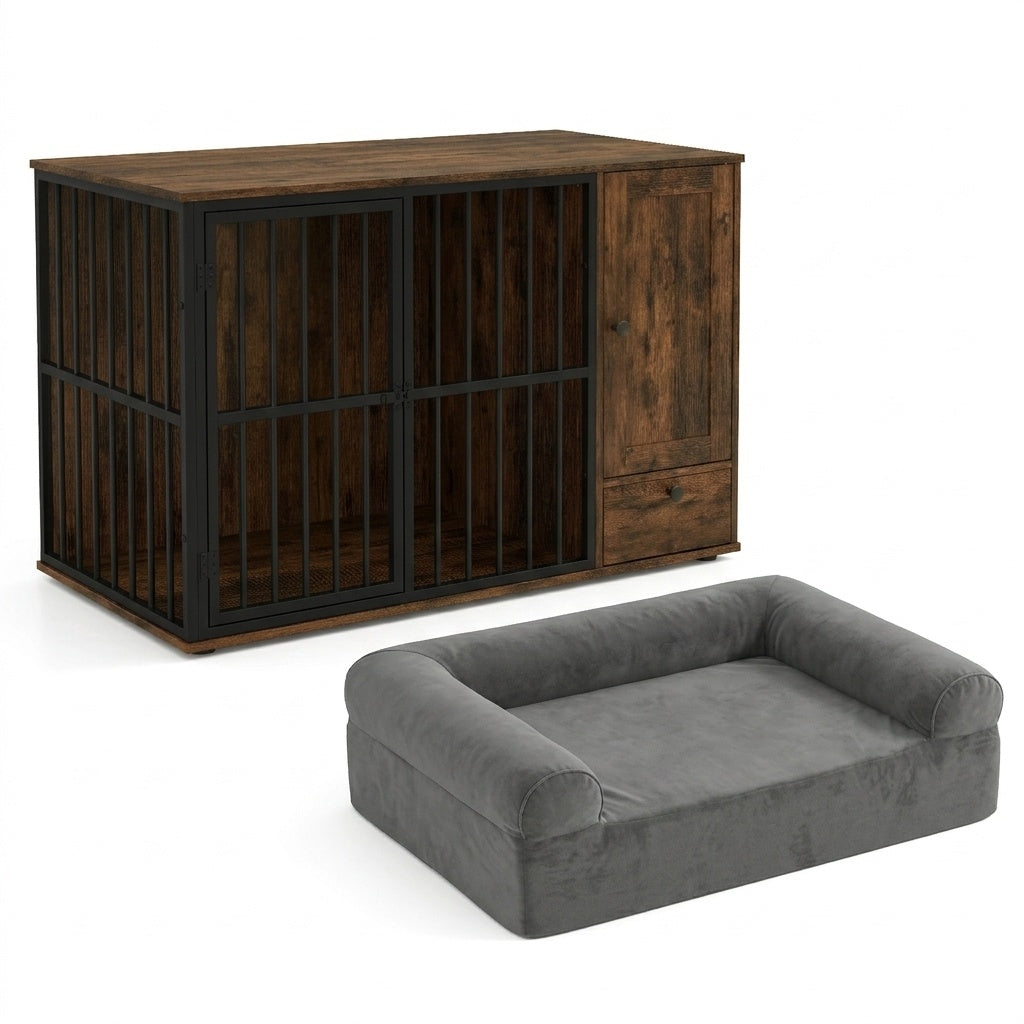 Dog crate furniture with built-in cooling gel dog bed for small and medium dogs, designed for comfort and stylish pet living.