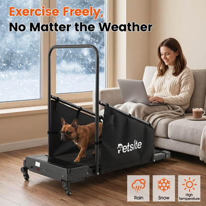 Black dog treadmill with remote control and LCD display for small and medium dogs, designed for pet exercise and fitness.
