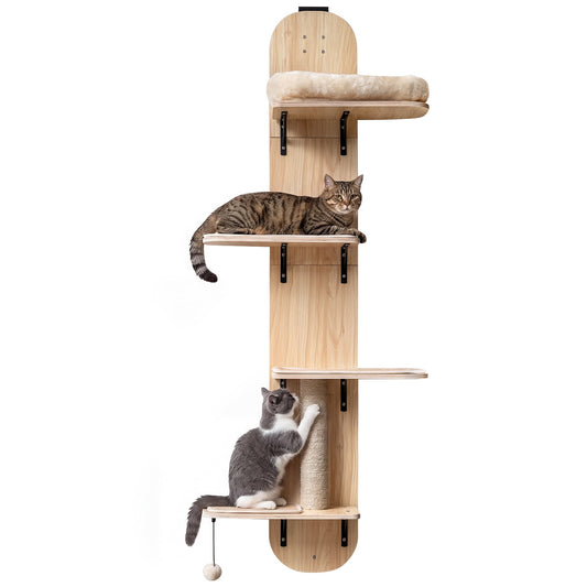 Beige door-hanging cat climber with four adjustable levels and plush bed, ideal for indoor cats to climb and rest.