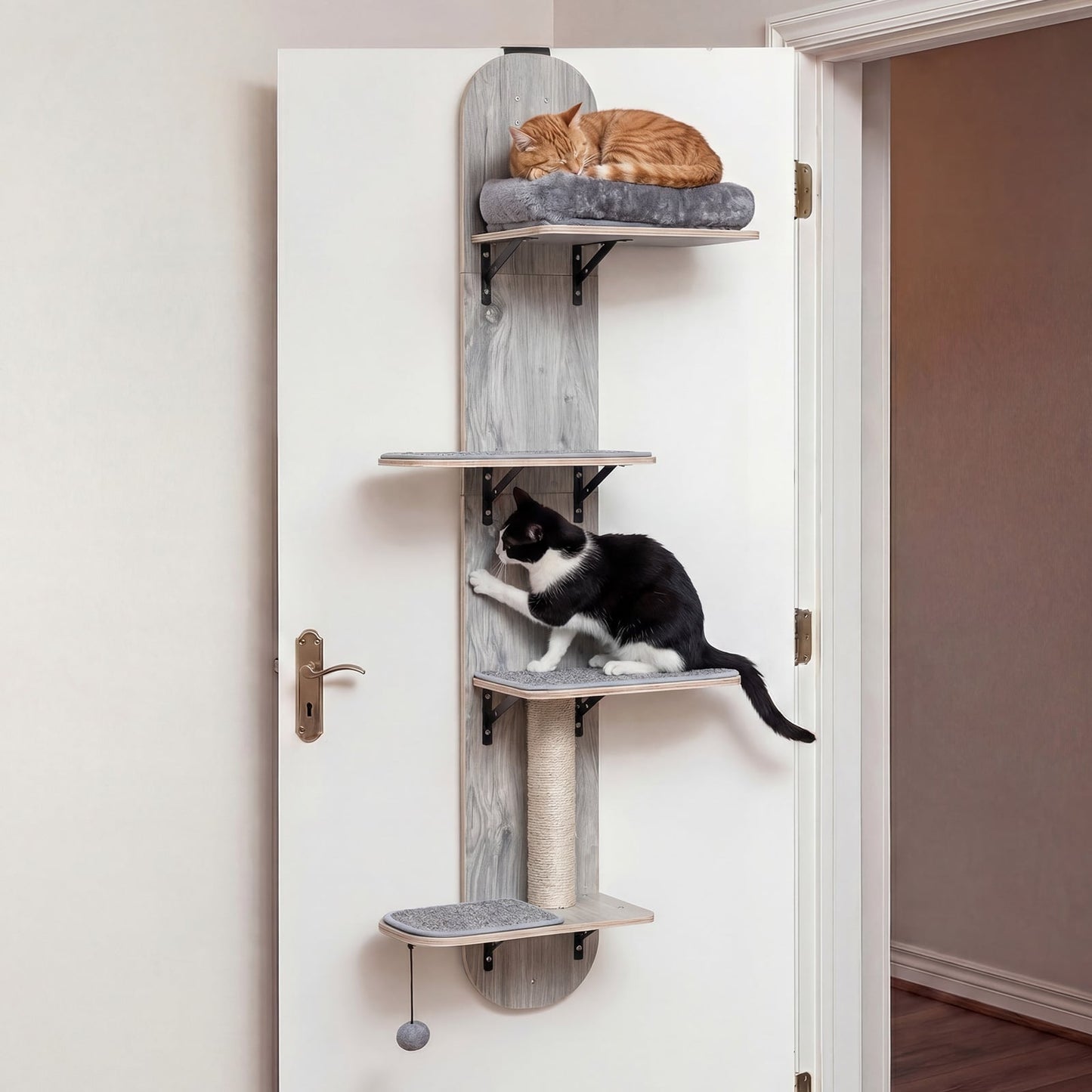 Door Hanging Cat Climber 4-level Height Adjustable with Plush Bed-Beige