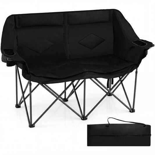 Double Camping Chair with Cup Holders Glass Racks and Mesh Pockets-Black