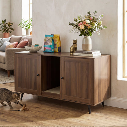 Double walnut cat litter box enclosure with two rooms, scratching pad, designed for two cats, by Wilsons Home Store.