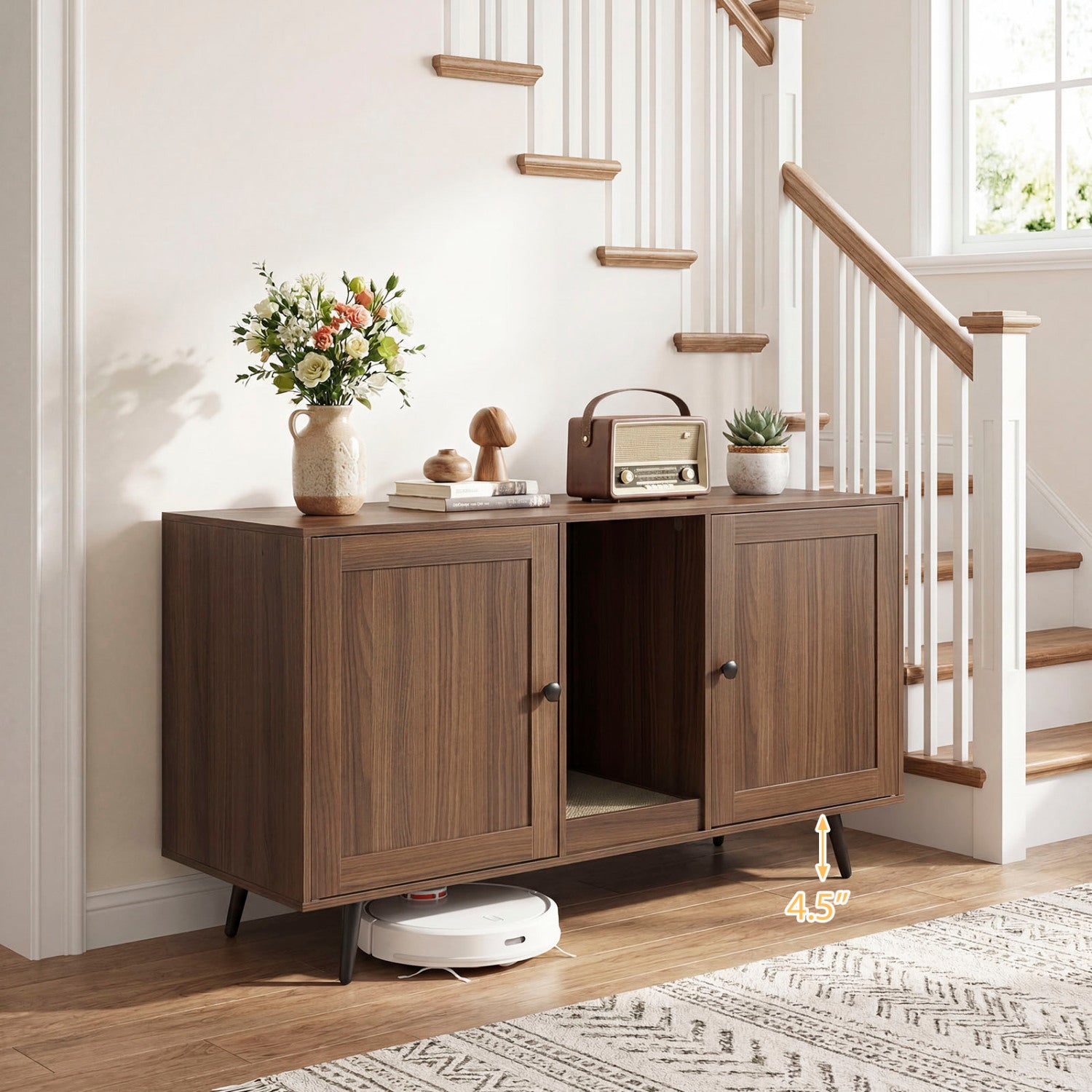 Double cat litter box enclosure in walnut finish with scratching pad and two separate rooms for pets, by Wilsons Home Store